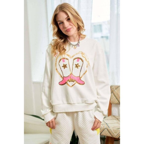 Cowgirl Rope Print With Sequin Boots Sweater - Picture 7 of 15
